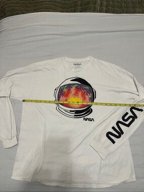NASA White Long-Sleeve Tee with Tropical Helmet Graphic
